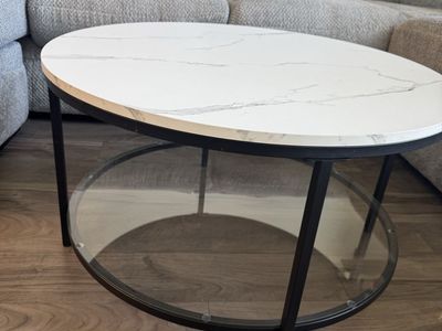 Modern Round Coffee Table with White Faux Marble Top and Glass Shelf