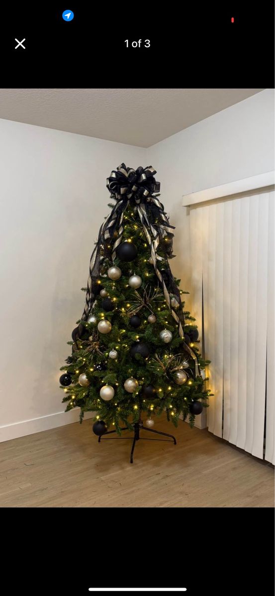 Pre-Lit 7.5ft Christmas Tree with Black, Gold & Silver Ornaments - Lights Work, Decor Included
