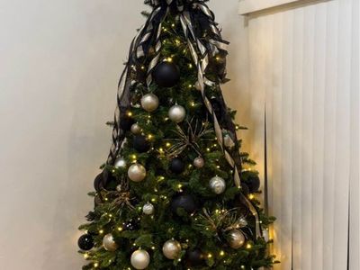 Pre-Lit 7.5ft Christmas Tree with Black, Gold & Silver Ornaments - Lights Work, Decor Included