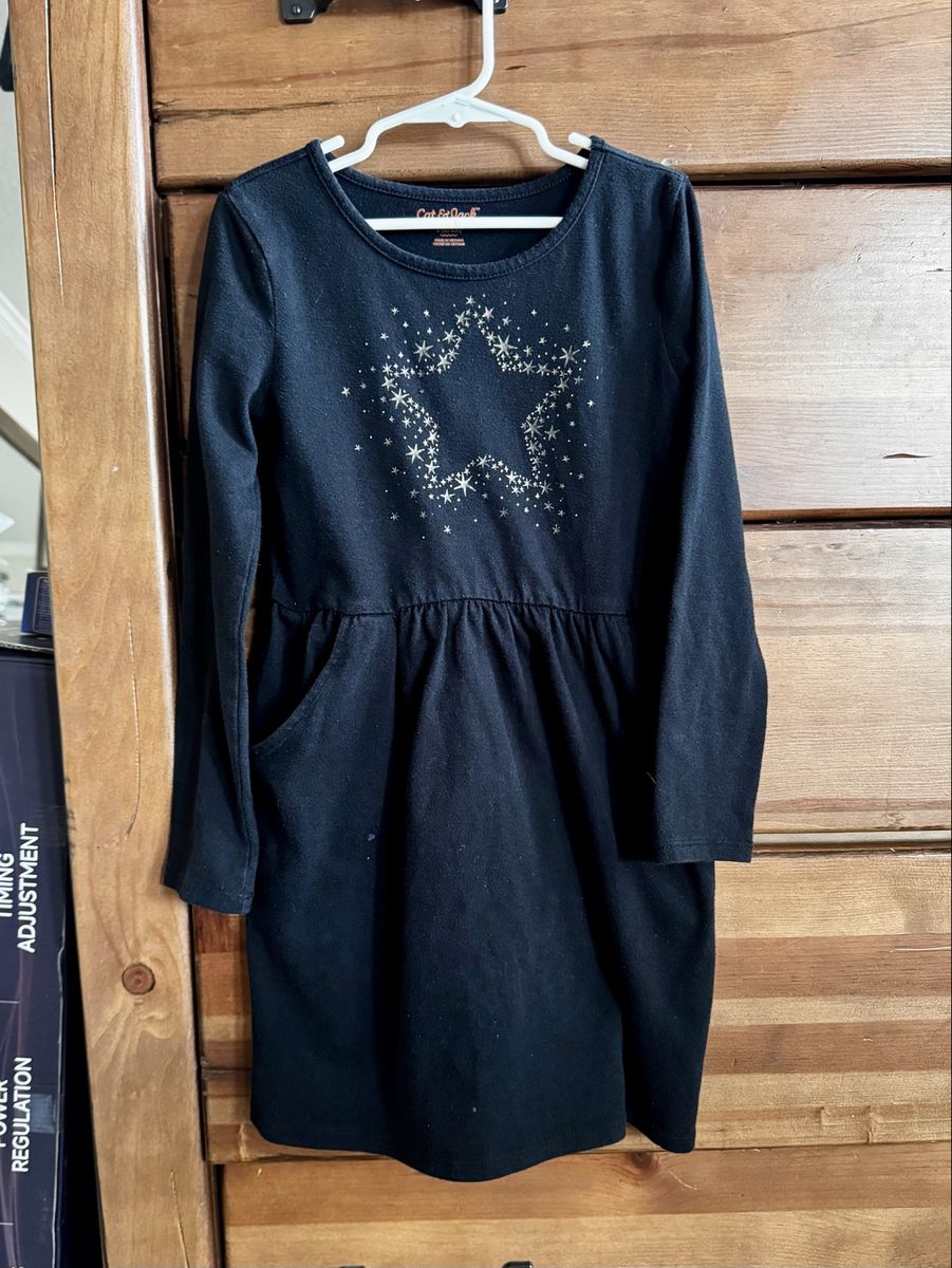 Cat & Jack Girls Black Long Sleeve Star Dress Size S (6/6X) with Pockets - 100% Cotton