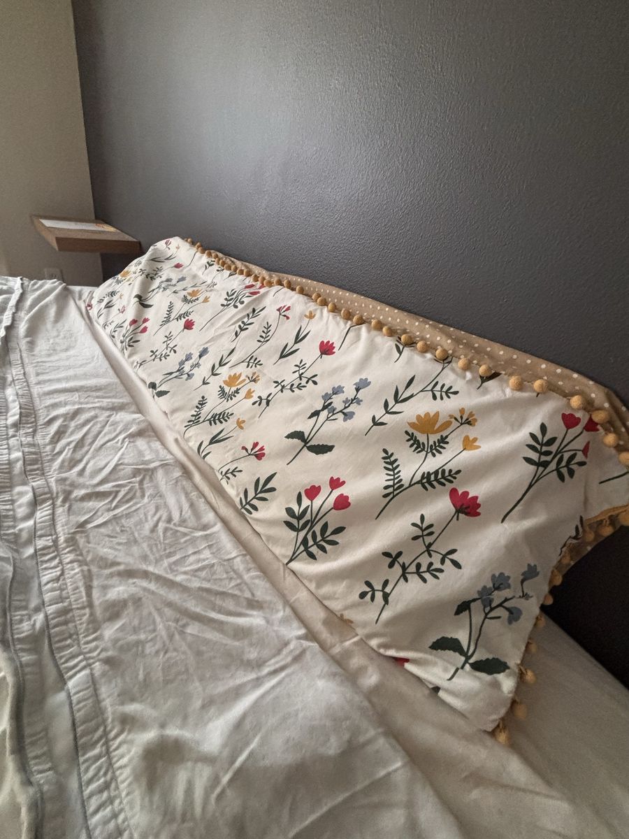 Floral Print Long Body Pillow with Pom-Pom Trim - Decorative Bed Pillow