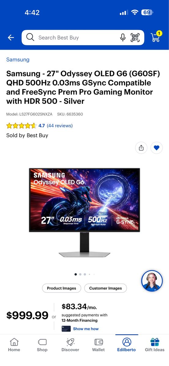 Samsung Odyssey OLED G6 (G60SF) 27" QHD 500Hz 0.03ms G-Sync/FreeSync Gaming Monitor