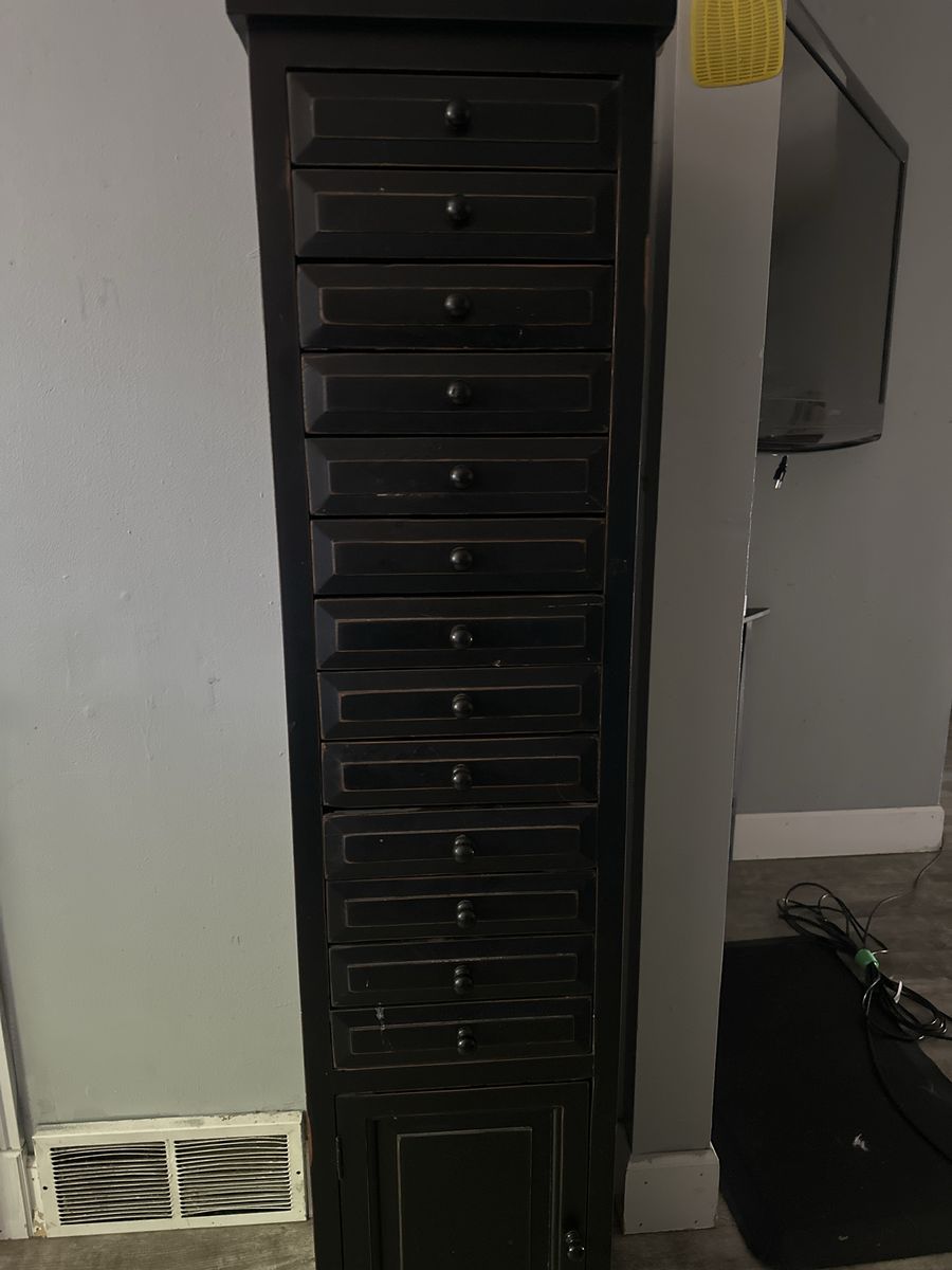 Black Wooden Jewelry Armoire with Multiple Drawers and Cabinet