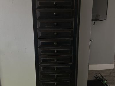 Black Wooden Jewelry Armoire with Multiple Drawers and Cabinet