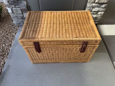 Large Wicker Storage Trunk with Leather Straps