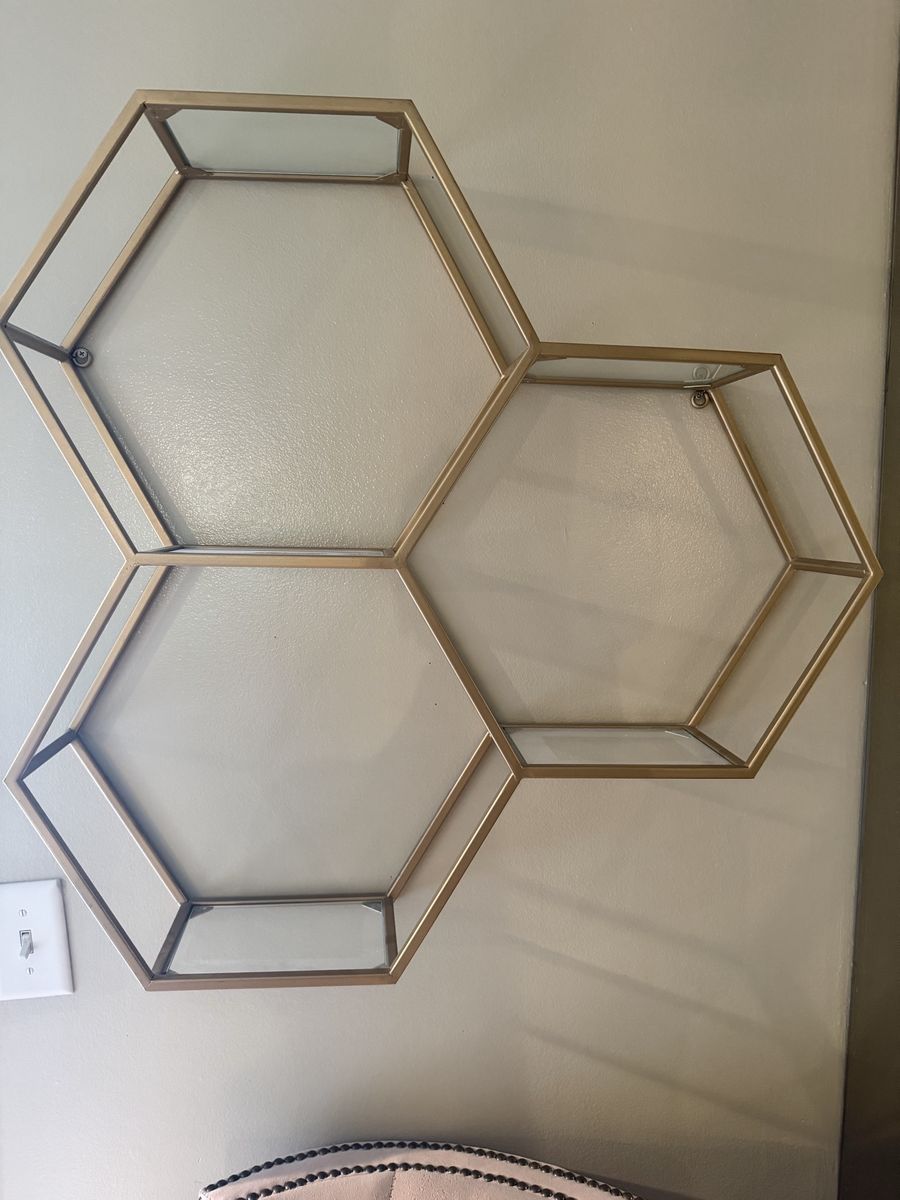 Urban Outfitters Gold Hexagon Wall Shelf with Glass Base - Modern Geometric Decor
