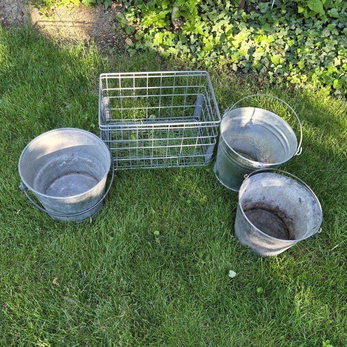 Galvanized Buckets + Crate - Rustic Farmhouse Decor/Storage Set (4 Pieces)