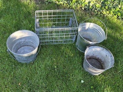 Galvanized Buckets + Crate - Rustic Farmhouse Decor/Storage Set (4 Pieces)