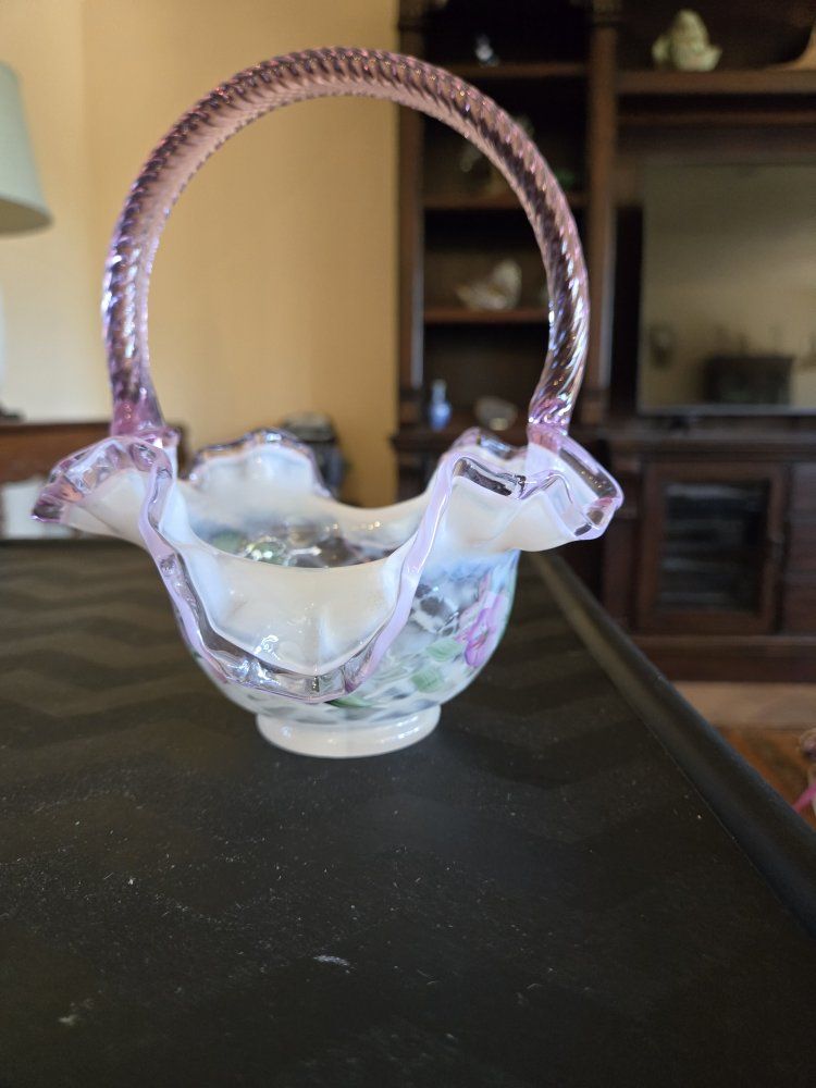 VTG Fenton Art Glass hand painted basket circa 1995