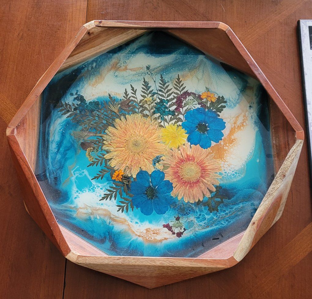 Local Artist Acacia Wood Hexagon Serving Tray with Resin & Pressed Flowers