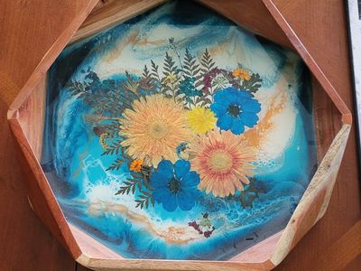 Local Artist Acacia Wood Hexagon Serving Tray with Resin & Pressed Flowers