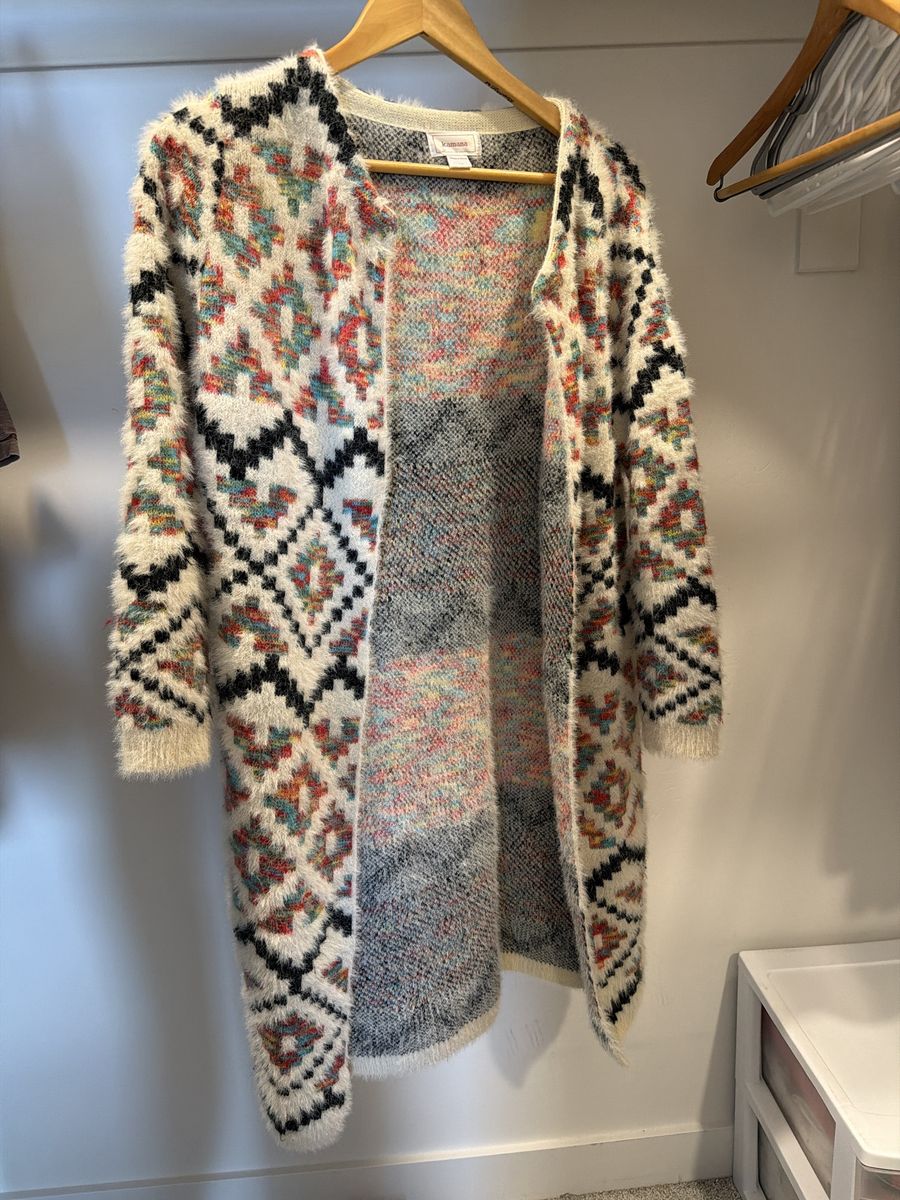 No Boundaries Women's S/M Fuzzy Aztec Cardigan Sweater - Long, Open Front, Multicolor - Hand Wash