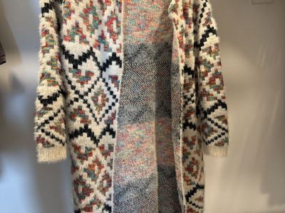 No Boundaries Women's S/M Fuzzy Aztec Cardigan Sweater - Long, Open Front, Multicolor - Hand Wash