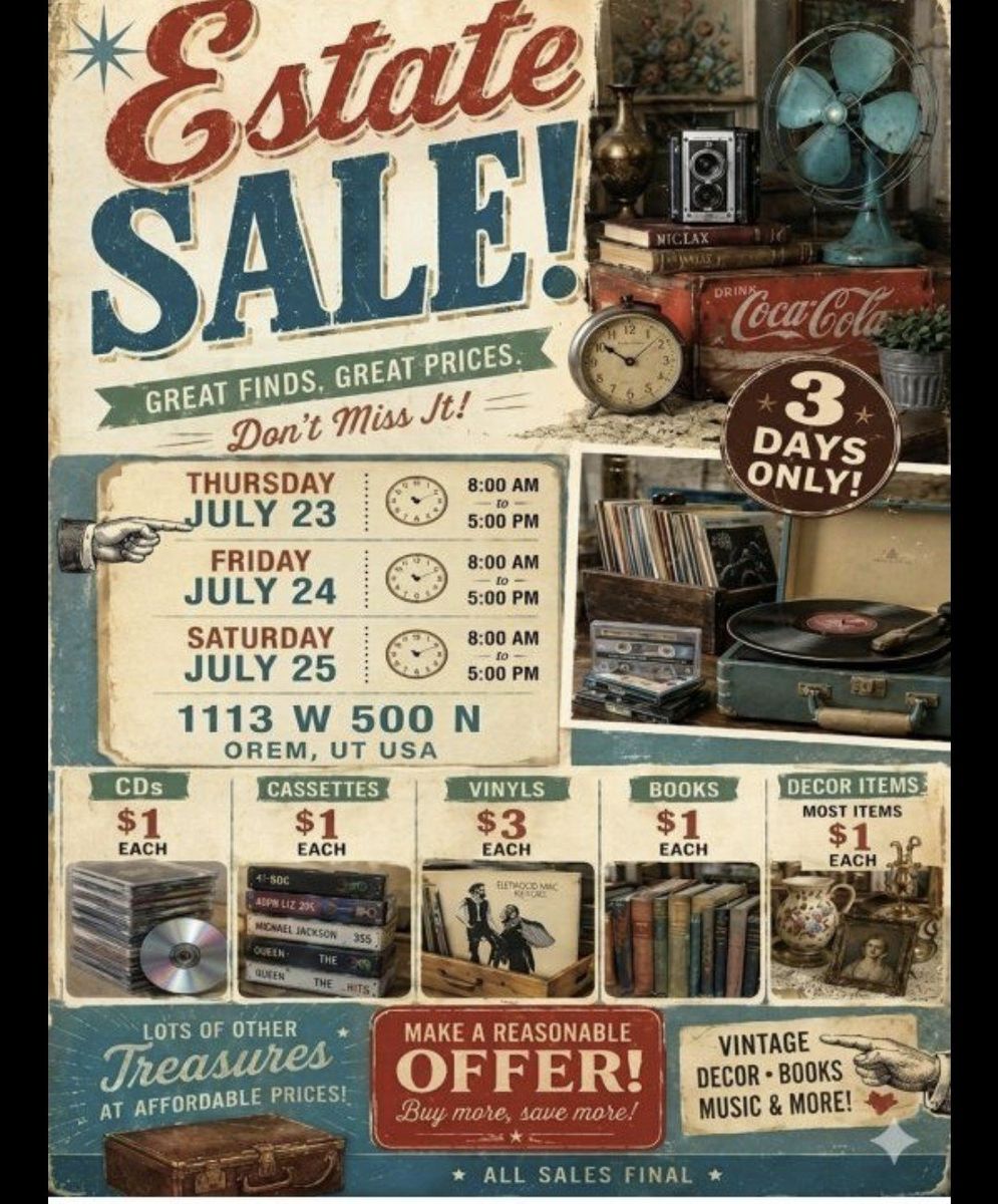 Estate Sale Filled with a Beautiful story,. Vitage items & special treasures !! 

sures !!