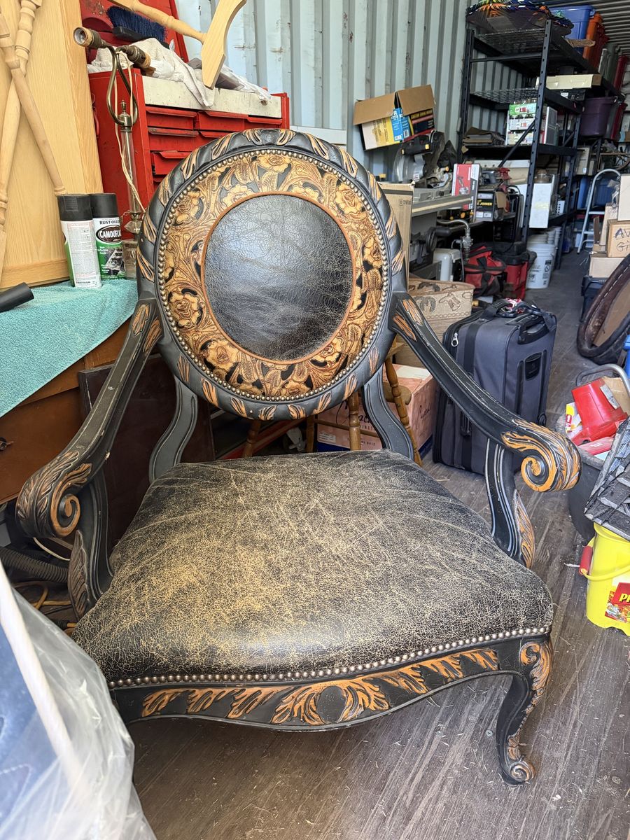 Western style Ornate Black & Gold Carved Wood Accent Chair with Embossed Leather Upholstery