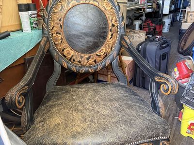 Western style Ornate Black & Gold Carved Wood Accent Chair with Embossed Leather Upholstery