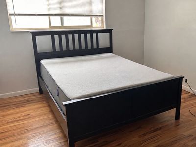 Black Queen Bed Frame with Slatted Headboard and Wood Slats - Good Condition, Easy Assembly
