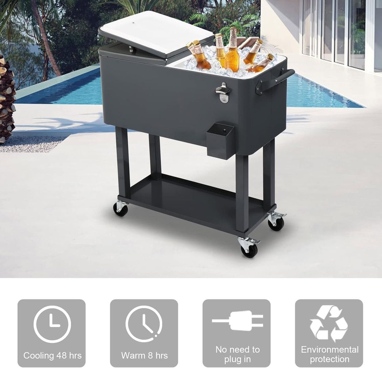 Outdoor Beverage Cooler Cart 80QT with Opener
