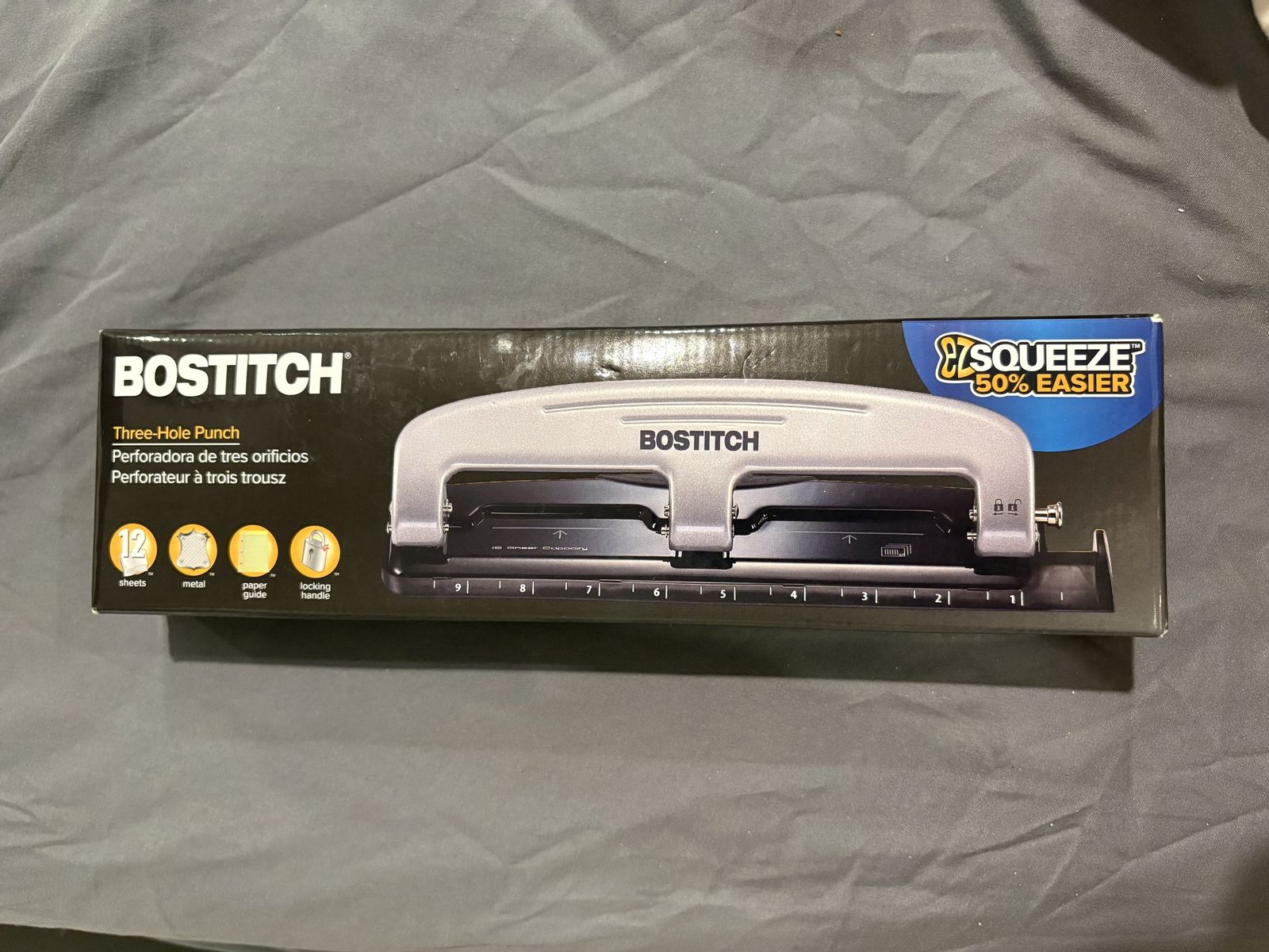 Bostitch EZ Squeeze 3-Hole Punch 12 Sheet Capacity Silver