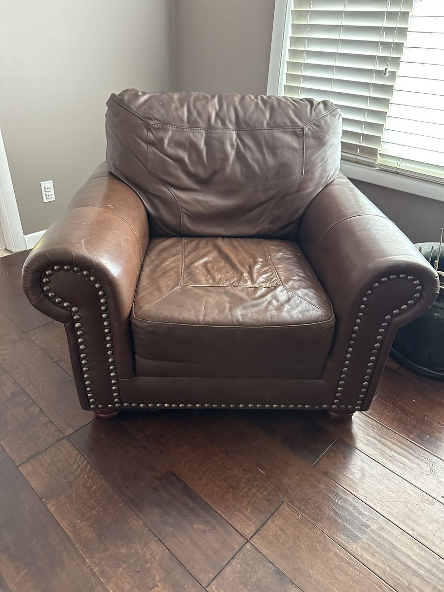 Brown Leather Club Chair with Nailhead Trim and Ottoman- Comfortable & Stylish Armchair