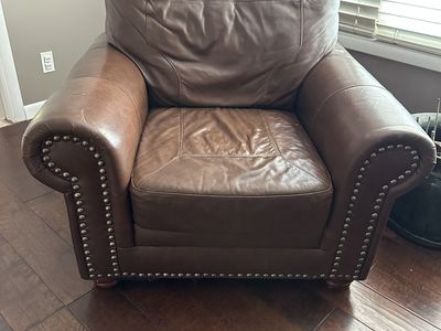 Brown Leather Club Chair with Nailhead Trim and Ottoman- Comfortable & Stylish Armchair