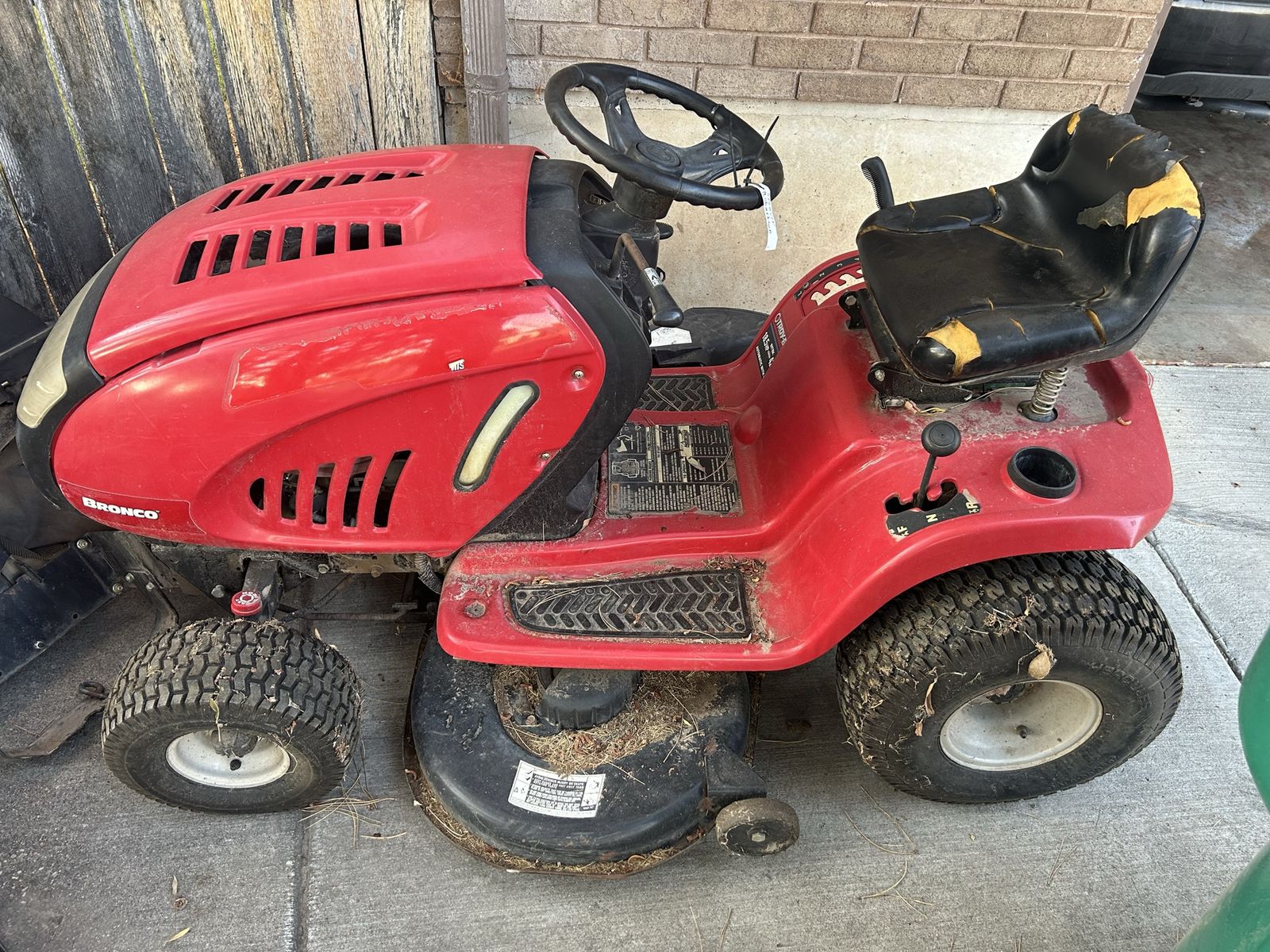 Non-working Troy-Bilt Bronco Riding Lawn Mower with Bagger Attachment