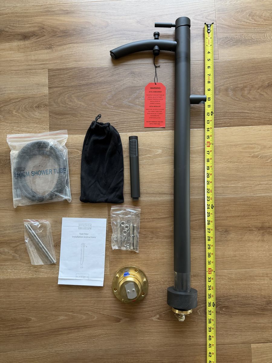 Wyndham Taron Matte Black Floor Mount Tub Filler + Hand Shower – New