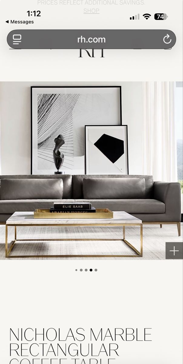 Restoration Hardware - Nicholas black Marble Coffee Table 72"W, Carrara Marble/Burnished Brass