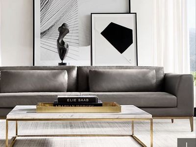 Restoration Hardware - Nicholas black Marble Coffee Table 72"W, Carrara Marble/Burnished Brass