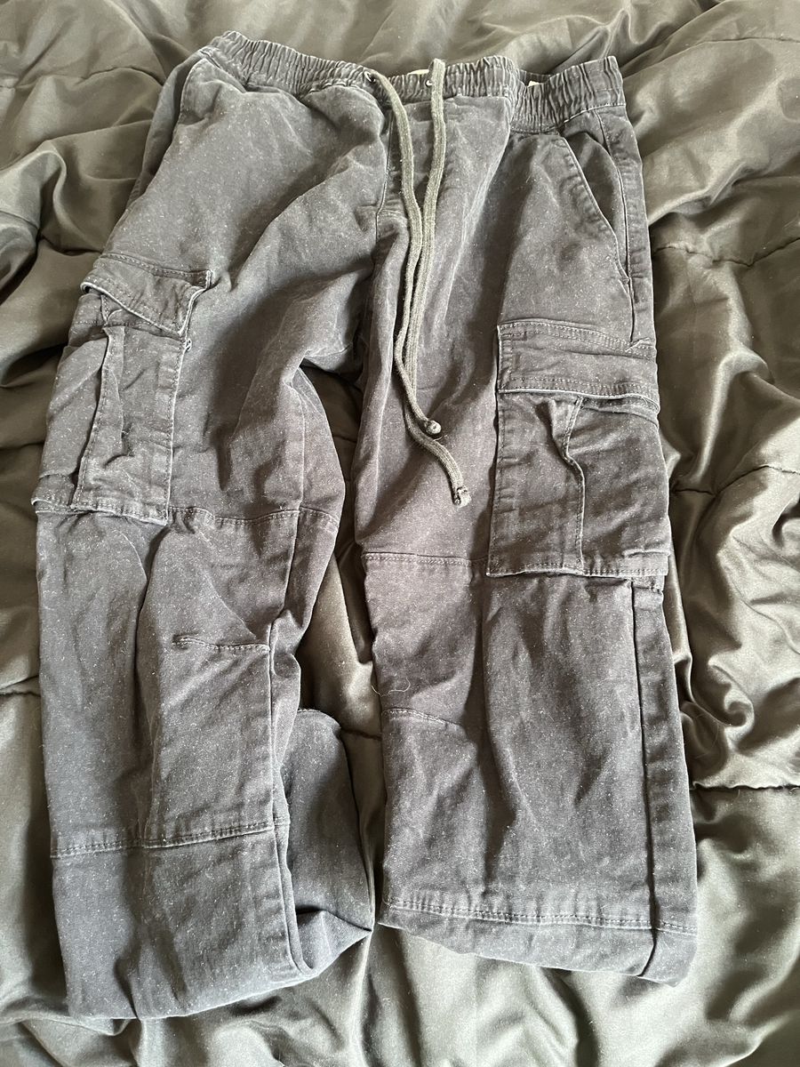 Black Elastic Waist Drawstring Cargo Pants with Pockets, Relaxed Fit, Size M