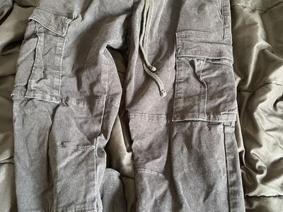 Black Elastic Waist Drawstring Cargo Pants with Pockets, Relaxed Fit, Size M