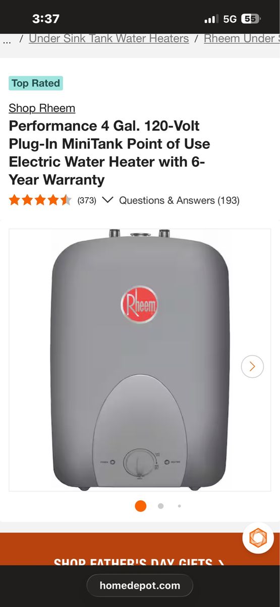 Rheem 4 gallon point of use water heater