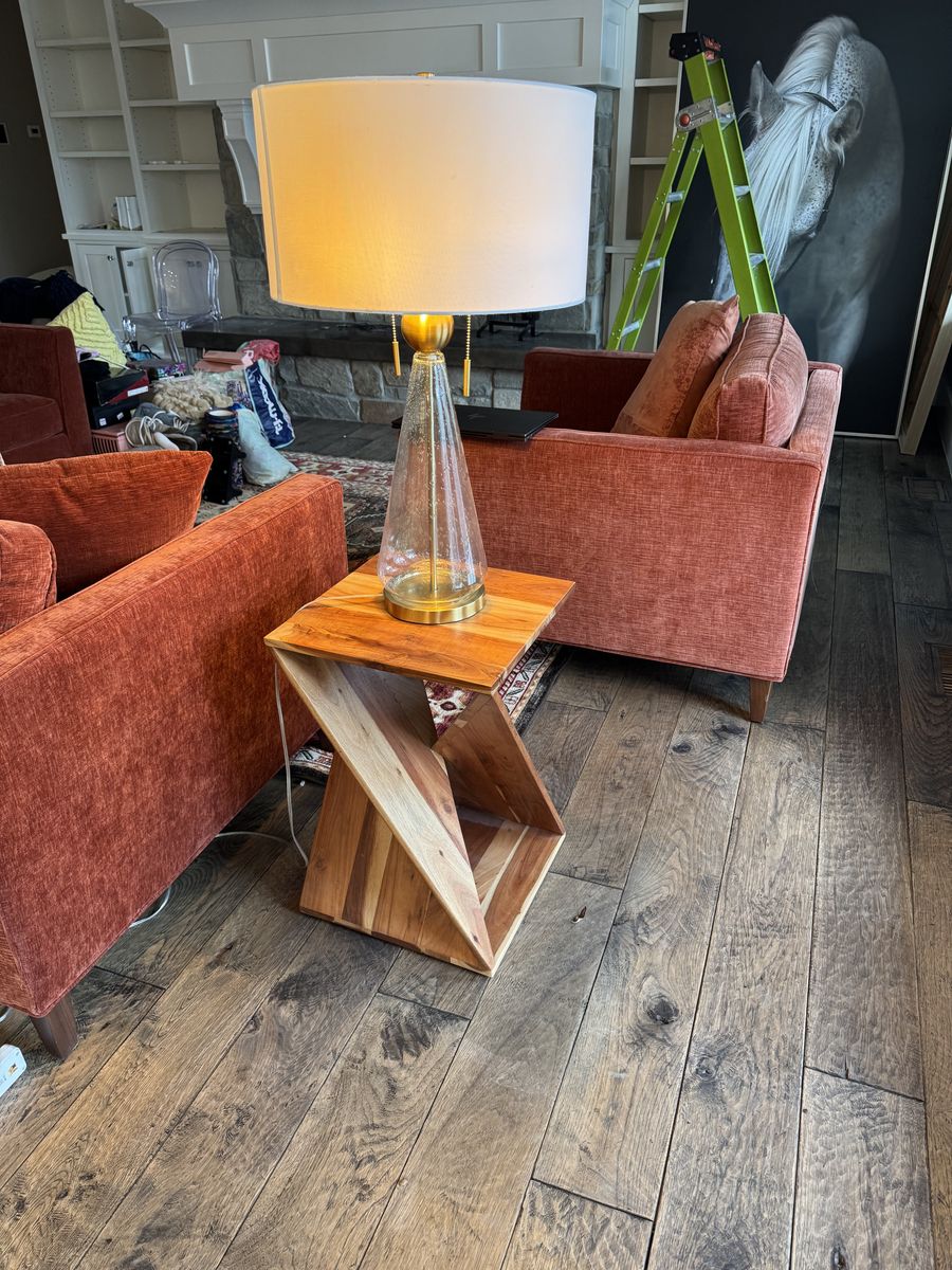 Handcrafted Geometric Walnut End Table + Elegant Glass & Gold Lamp – Like New!