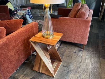 Handcrafted Geometric Walnut End Table + Elegant Glass & Gold Lamp – Like New!