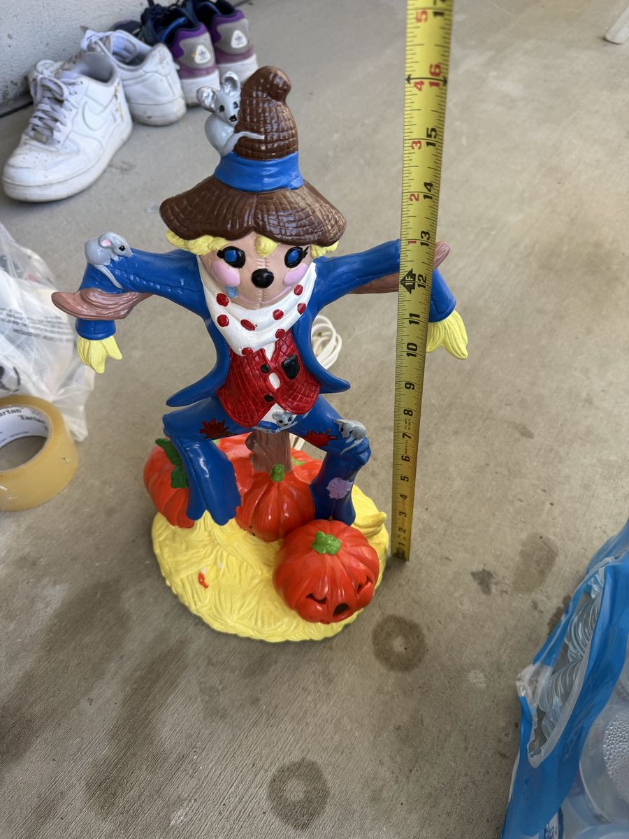 Vintage Ceramic Lighted Scarecrow with Pumpkins & Mice Figurine