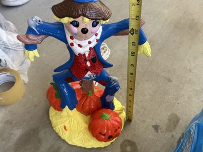 Vintage Ceramic Lighted Scarecrow with Pumpkins & Mice Figurine
