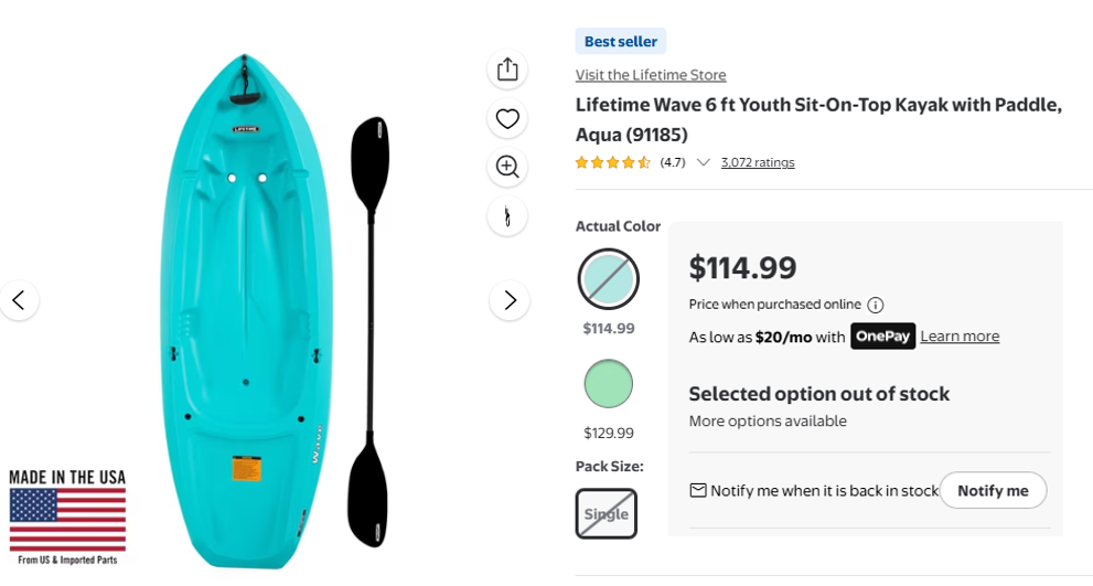 New Lifetime Wave 60 Youth Sit-On-Top Kayak with Paddle, Aqua 