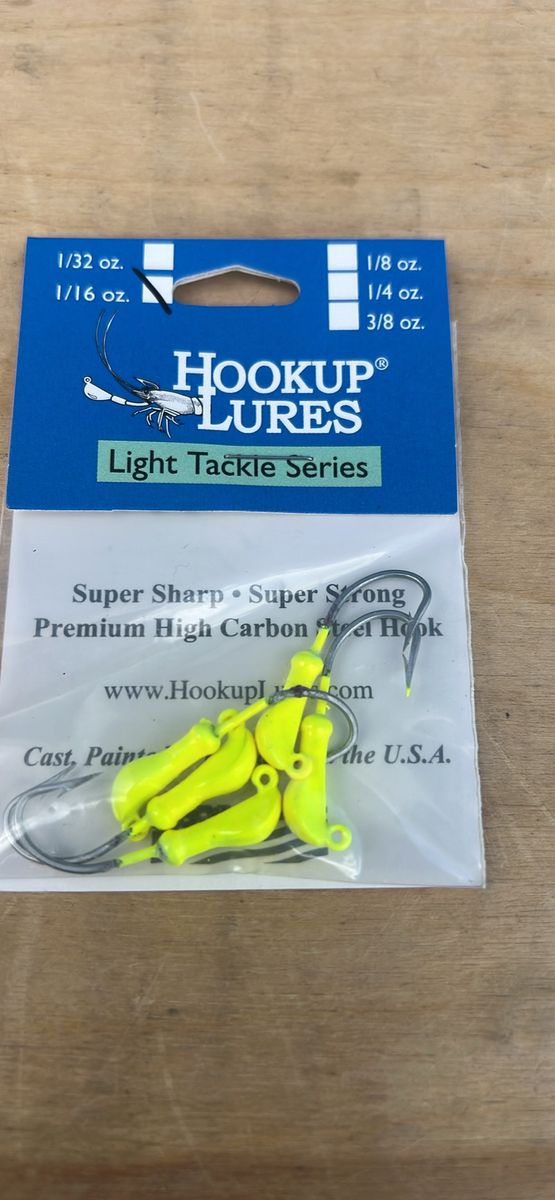 Hookup Lures Light Tackle Series Chartreuse Jigs 1/16 oz, #2 Hooks, 5 Count - Super Sharp/Strong