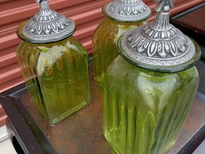 Vintage Green Glass Canister Set of 3