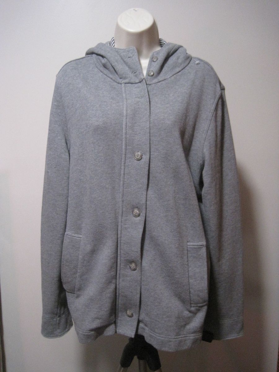 Lands' End Women's Size Large Gray Sweater Fleece Hooded Long Zip Button Jacket