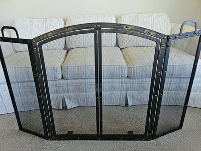 Arched Black Metal Fireplace Screen with Doors, 2 Side Pannels and 2 Doors in the Middle 55"Lonf 34" Tall