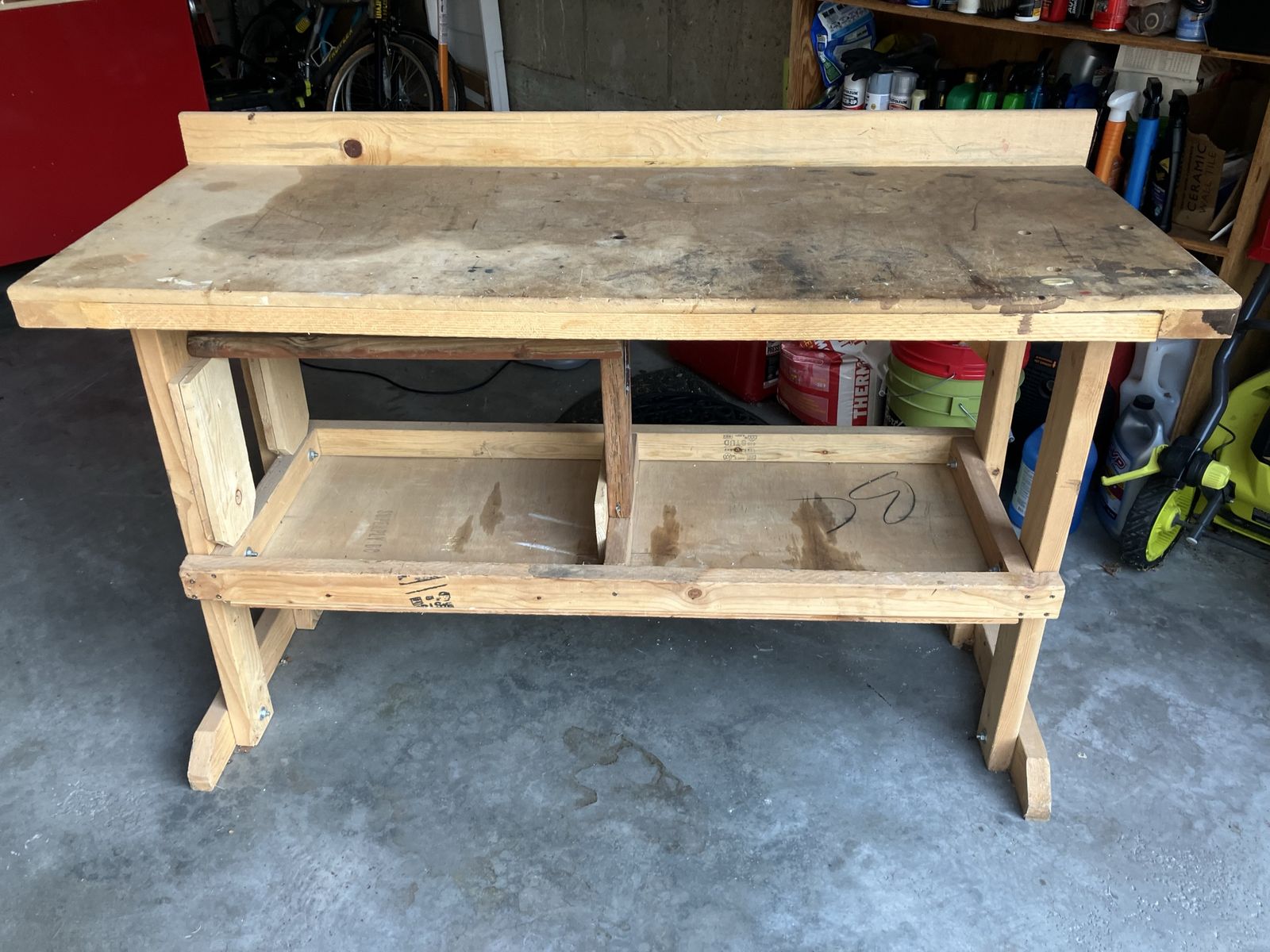 Sturdy Wood Workbench with Storage Shelf - Great for Garage or Workshop Projects, $20 cash