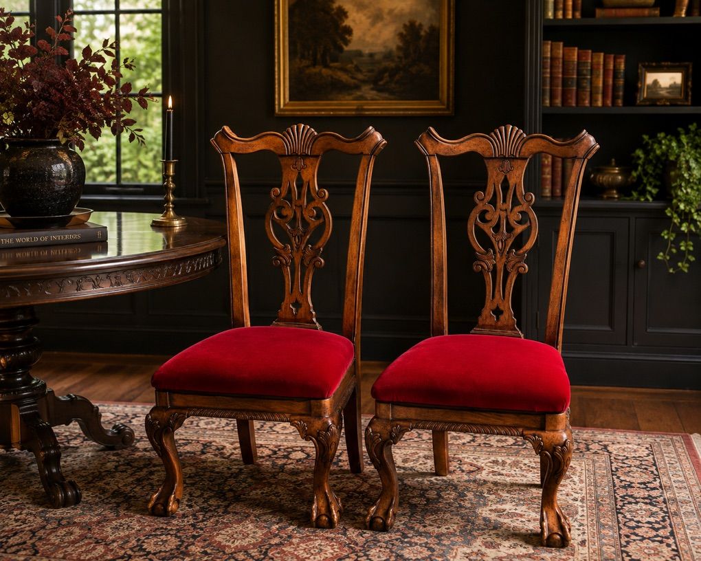 Vintage Chippendale Chairs WiTh New Red Velvet