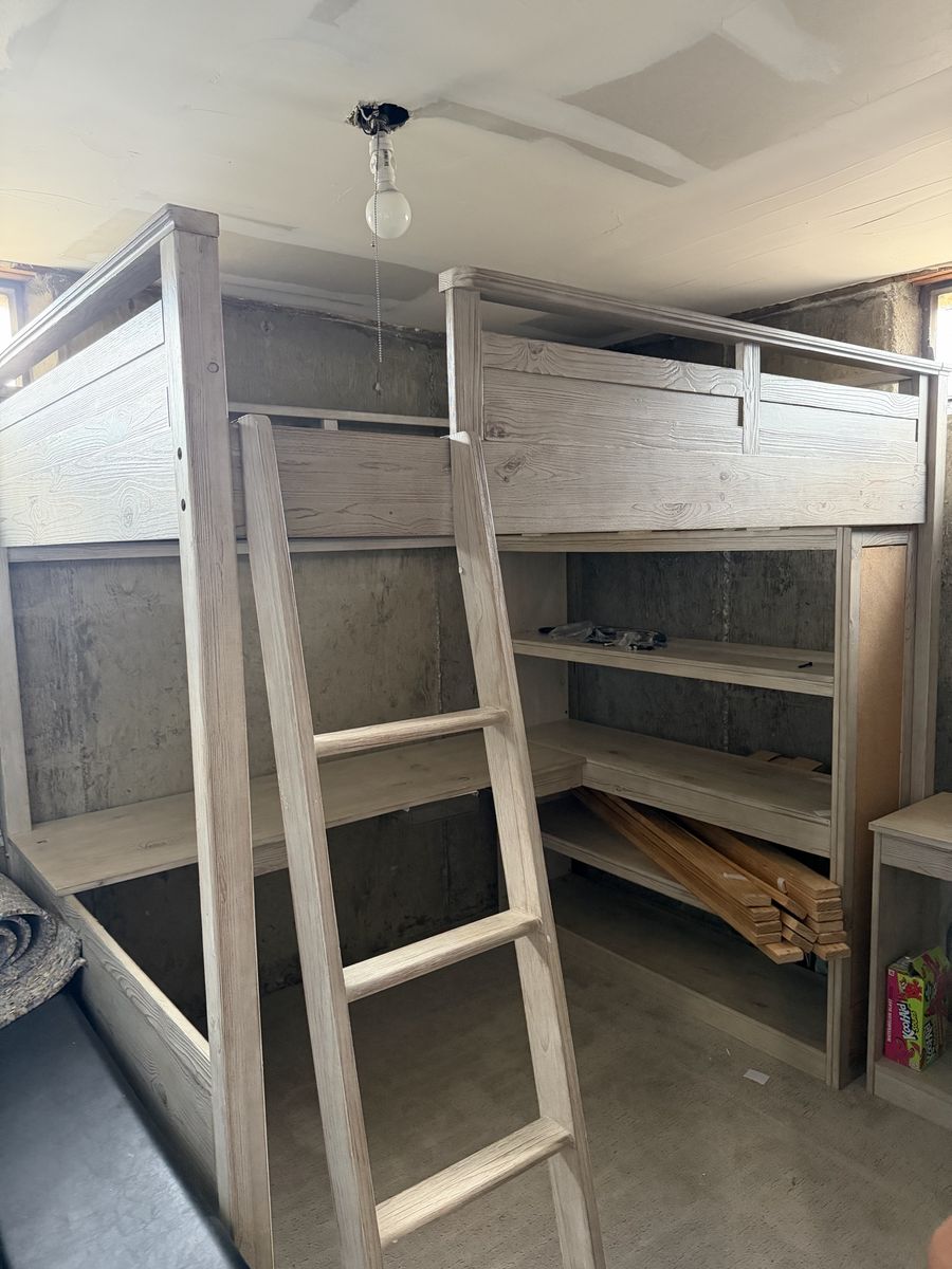 Pottery Barn Sleep & Study Full Size Loft Bed with Desk & Shelves - Gray Wood Finish