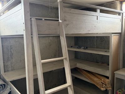Pottery Barn Sleep & Study Full Size Loft Bed with Desk & Shelves - Gray Wood Finish