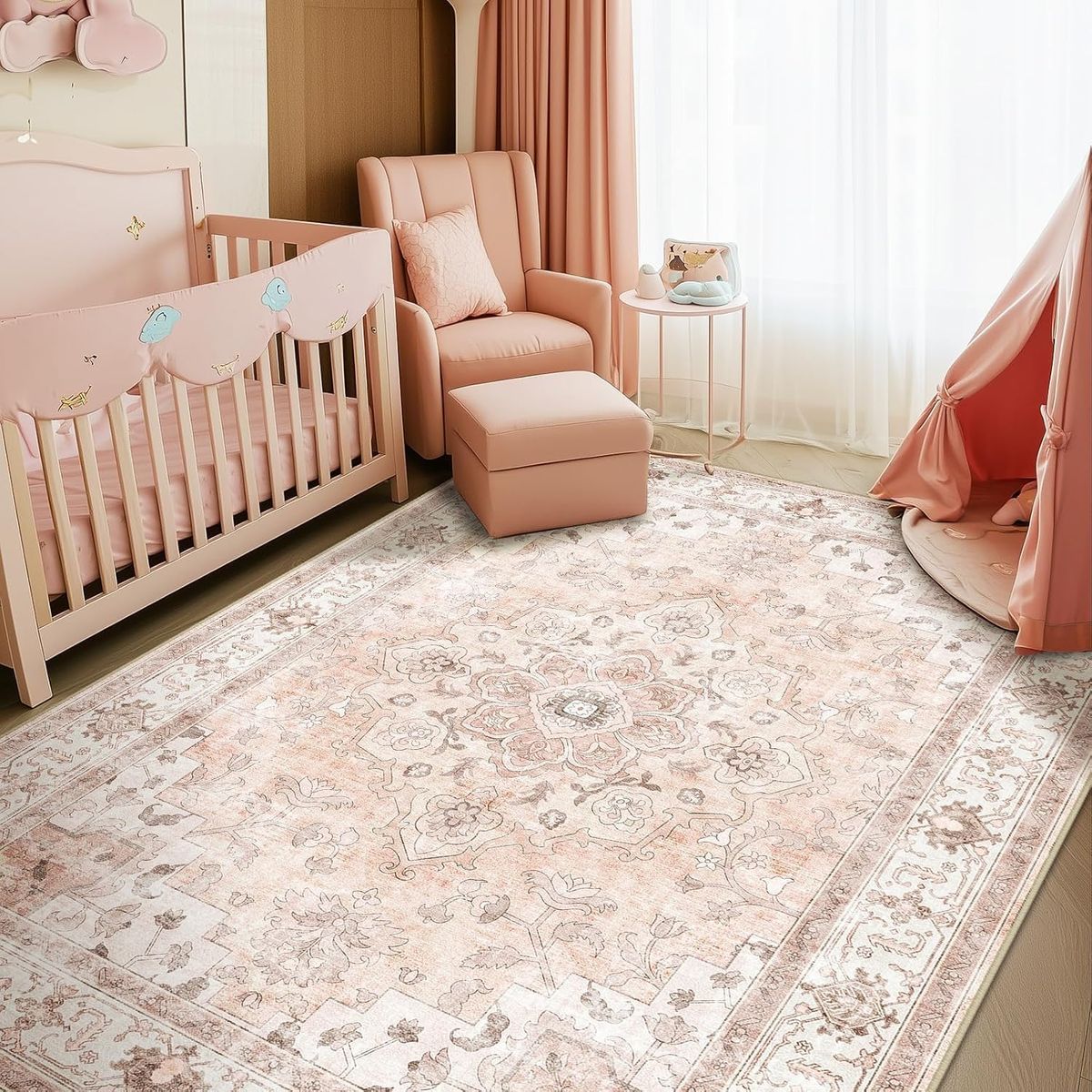NEW Nursery Rug 5x8 Cute Girl Non Slip Low Pile Soft Vintage Medallion Print Pattern for Bedroom Indoor Decor Kids Playroom Pink