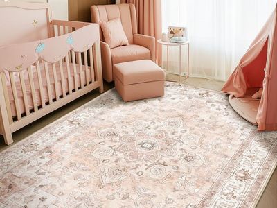 NEW Nursery Rug 5x8 Cute Girl Non Slip Low Pile Soft Vintage Medallion Print Pattern for Bedroom Indoor Decor Kids Playroom Pink