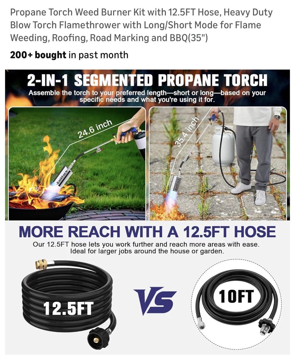 EASITALY Propane Torch Weed Burner Kit, 12.5FT Hose, Heavy Duty Blow Torch Flamethrower, 2-in-1 Long/Short Mode