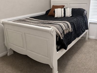 White Full Size Sleigh Bed Frame & Matching Dresser