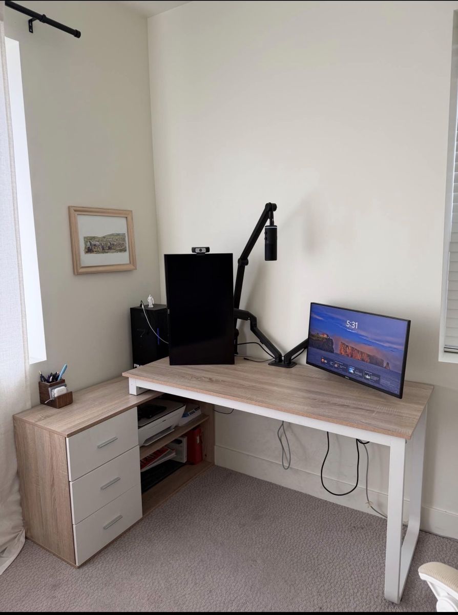 Like new L-Shaped Computer Desk with Storage Drawers & Shelves - Wood & Ergonomic Chair.